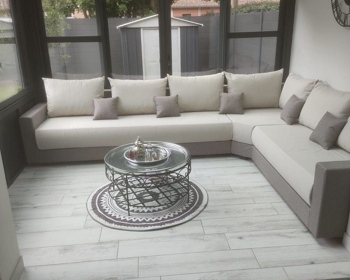 canapé d'angle polyester beige et taupe